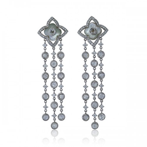 Mother of Pearl Chandelier Earrings with Round and Rose Cut Diamonds | Facets Singapore